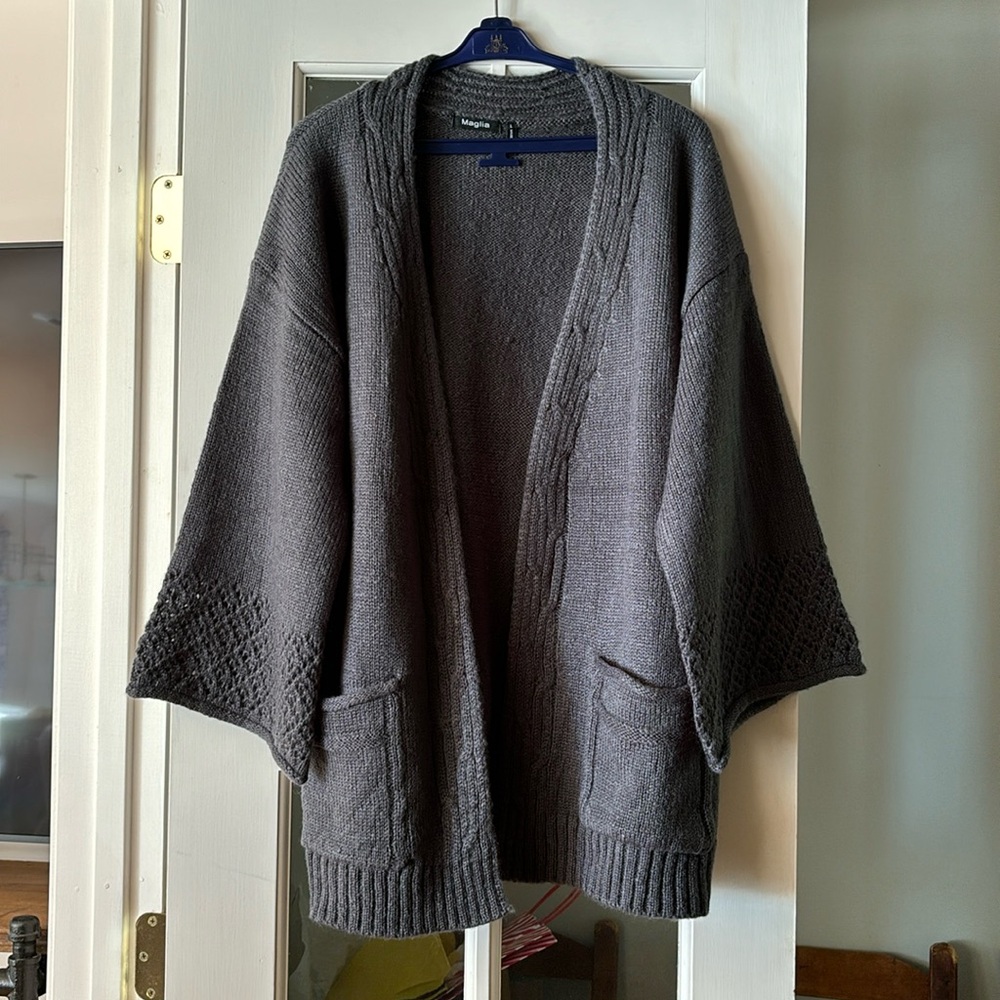 Maglia Open Front 2 Pockets Cardigan cable lined large eyelet sleeves SzL gray